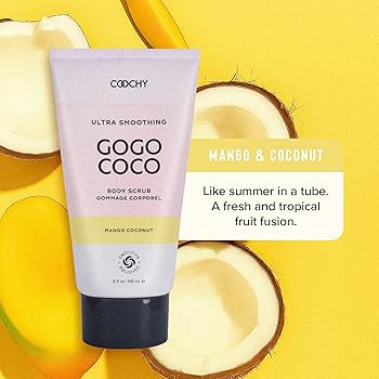 Coochy Ultra Smoothing GoGo CoCo Body Scrub in mango coconut scent with fresh mango and coconut on yellow background