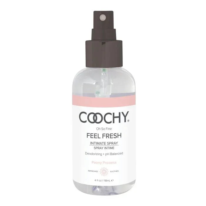 4 fl. oz. bottle of Coochy Feel Fresh Intimate Spray with peony-vanilla scent, moisturizing, pH-balanced, paraben-free feminine deodorizing spray for fresh and clean intimate care