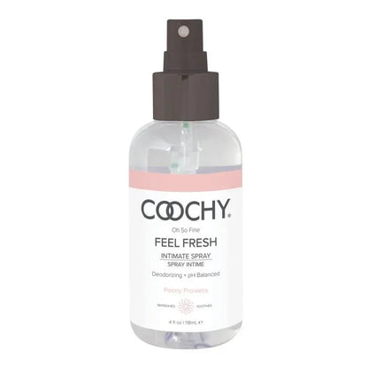 4 fl. oz. bottle of Coochy Feel Fresh Intimate Spray with peony-vanilla scent, moisturizing, pH-balanced, paraben-free feminine deodorizing spray for fresh and clean intimate care