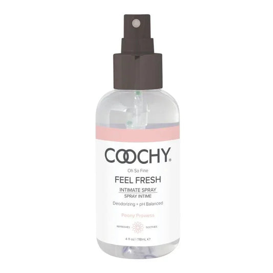 4 fl. oz. bottle of Coochy Feel Fresh Intimate Spray with peony-vanilla scent, moisturizing, pH-balanced, paraben-free feminine deodorizing spray for fresh and clean intimate care