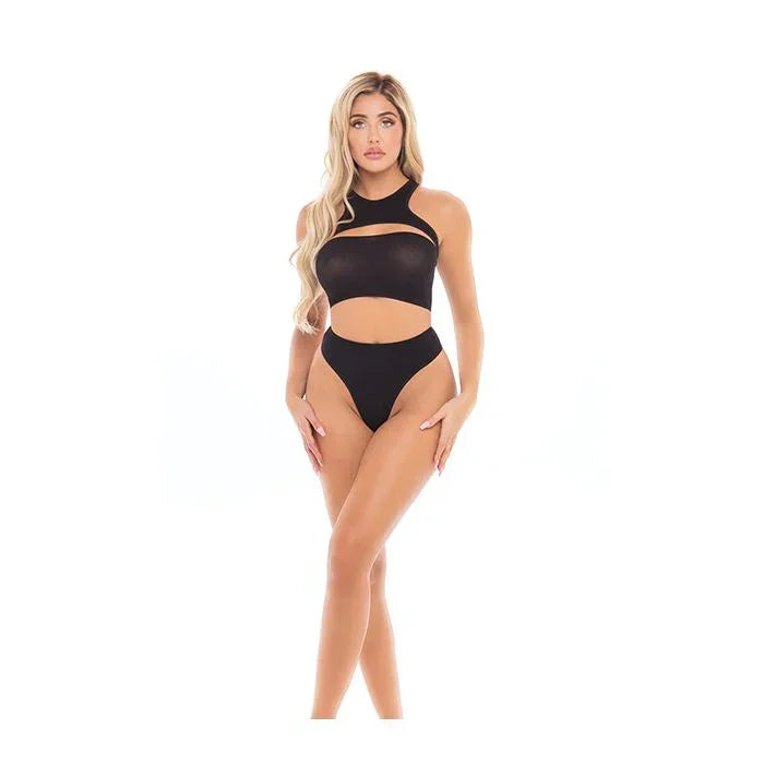 Woman wearing Divine 3Pc Bandeau Lingerie Set by Pink Lipstick in black - front view showing harness neckline and bandeau top