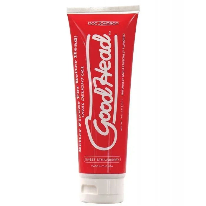 Strawberry Doc Johnson GoodHead Oral Delight Gel that is sugar-free for smooth, playful oral pleasure in 4 oz red tube on white background 