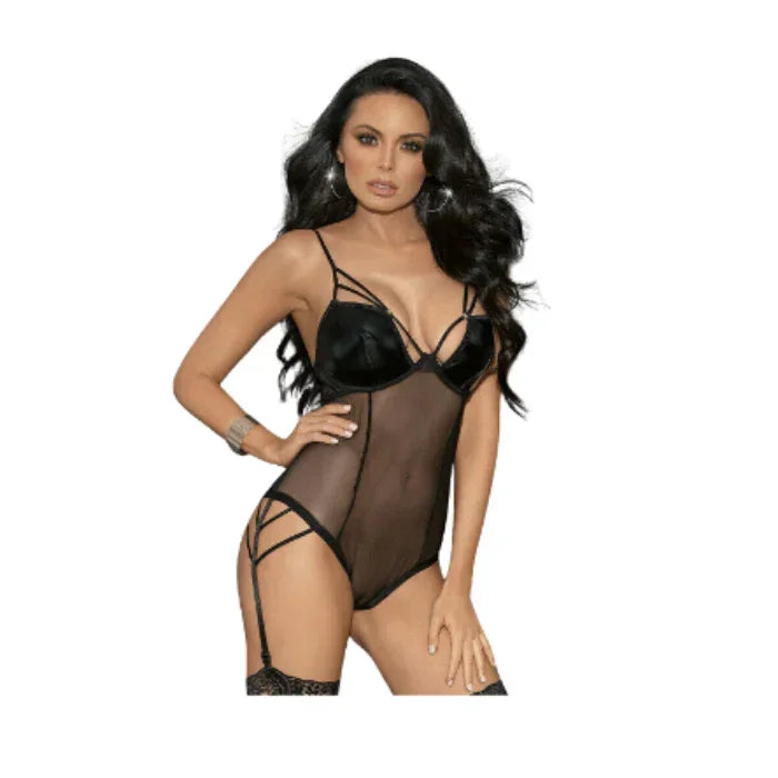 Dom Garter Slip Teddy mesh faux leather cage bra straps one size