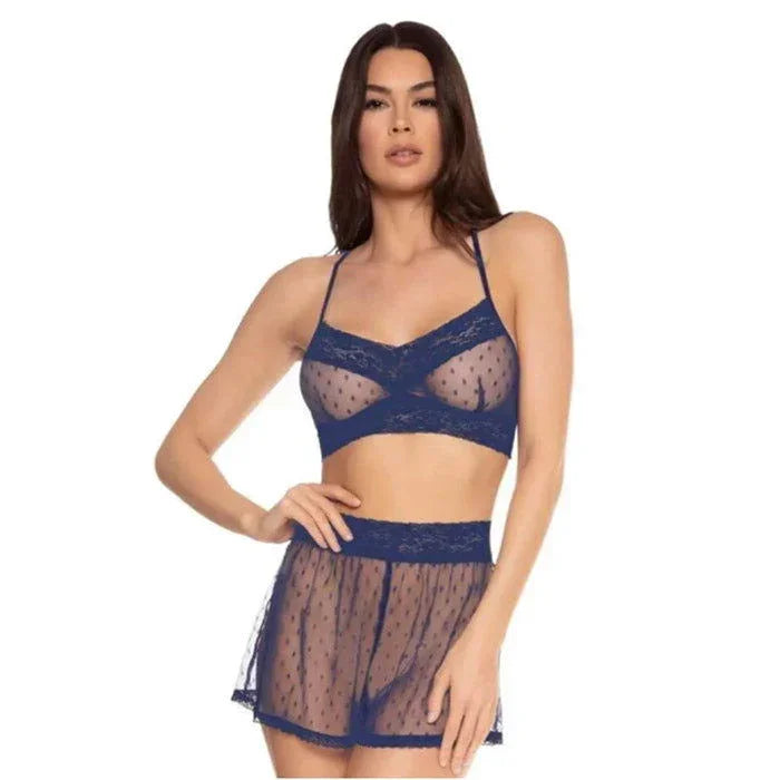 Royal blue dotted mesh bralette and high-waisted shorts set, front view - Blue Bliss by Pure Romance, size S/M