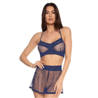Royal blue dotted mesh bralette and high-waisted shorts set, front view - Blue Bliss by Pure Romance, size S/M
