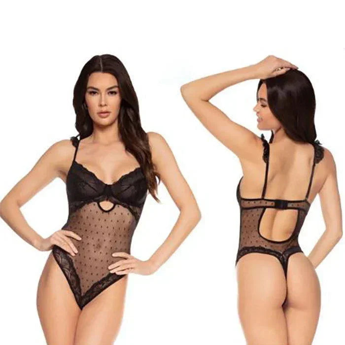 Swiss dotted mesh and lace teddy with keyhole cutouts and shoulder ruffle - Dotted Swiss by Pure Romance, size Large