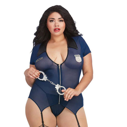 Plus size model wearing police costume, front view