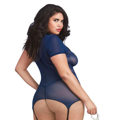 Plus size model wearing police costume, back view