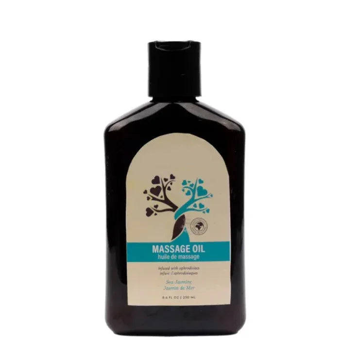 Front view of At Night Aphrodisiac Massage Oil bottle in Sea Jasmine scent, showing jasmine-themed label and product name on the front.