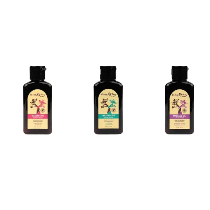 At Night Aphrodisiac Massage Oil Trio by Earthly Body with Wild Pink Rose, Sea Jasmine and Ylang Ylang Lavender 2 oz bottles