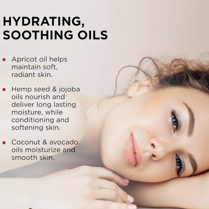 Woman lying down with text highlighting the hydrating and soothing oils features of the vegan 3-in-1 massage candle ingredients - apricot, coconut, avocado, and jojoba oils