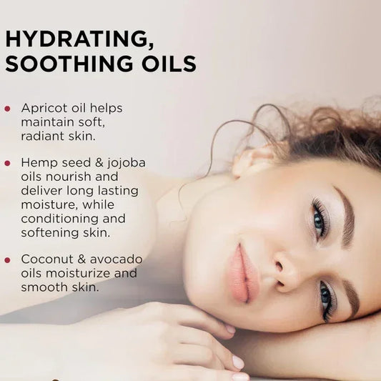 Woman lying down with text highlighting the hydrating and soothing oils features of the vegan 3-in-1 massage candle ingredients - apricot, coconut, avocado, and jojoba oils