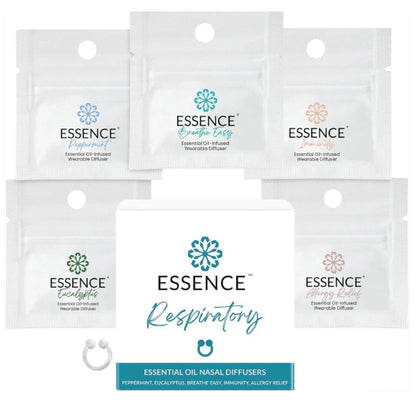 Set of Essence essential oil nasal diffusers in Respiratory 5-pack featuring Peppermint, Breathe Easy, Immunity, Allergy Relief, and Eucalyptus, on a white background.
