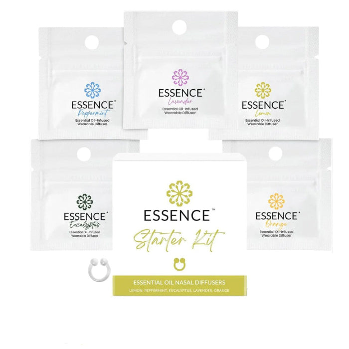Essence essential oil nasal diffuser Starter Kit featuring Peppermint, Lavender, Lemon, Orange, and Eucalyptus packaging on a white background