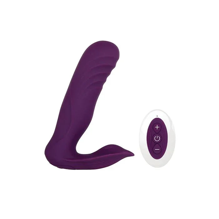 Velvet Hammer wearable massager shown alongside its wireless remote control, highlighting seamless operation and versatile hands-free pleasure.
