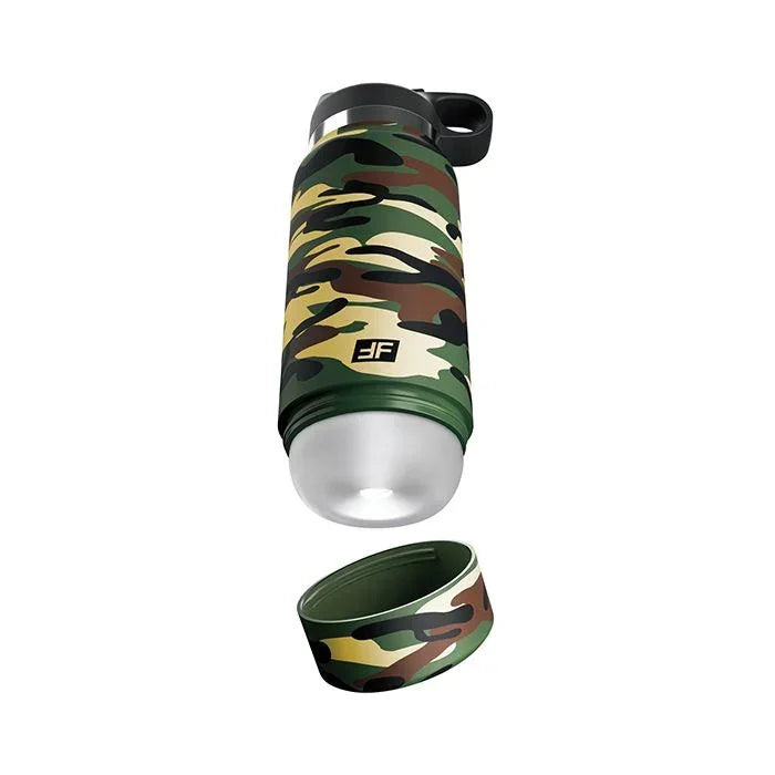 Fap Flask Happy Camper camo bottle shown with the base removed to reveal the interior view of the frosted sleeve with ribbed tunnel texture for added stimulation.