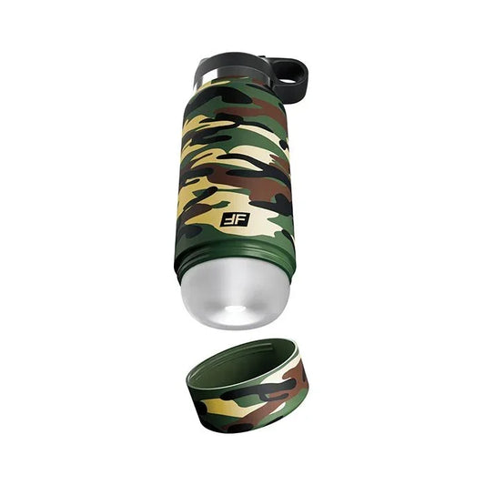 Fap Flask Happy Camper camo bottle shown with the base removed to reveal the interior view of the frosted sleeve with ribbed tunnel texture for added stimulation.