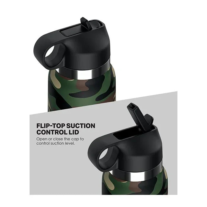 Frosted interior sleeve of the PDX Plus Fap Flask Happy Camper with flip‑top suction control lid and finger ring.