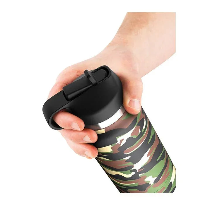 Hand holding the PDX Plus Fap Flask Happy Camper by the finger ring for easy, one‑handed use.