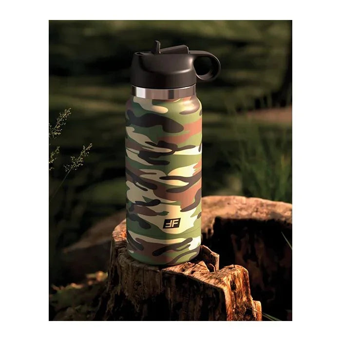 Fap Flask Happy Camper discreet stroker resting among camping gear to show its camo “blends in” design.
