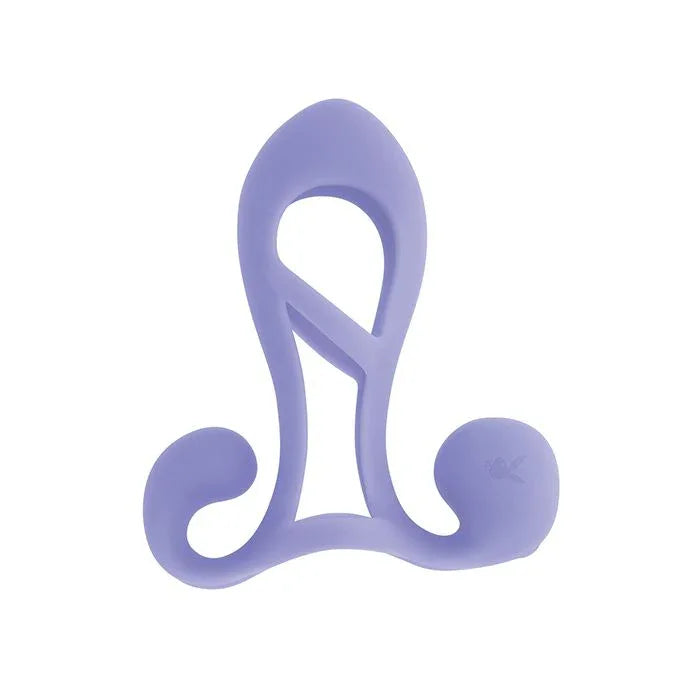 Playboy Fantasy Cage vibrating penis enhancer on white background, black stretchy silicone sleeve with curved tip and dual ticklers