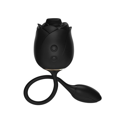Front view of the Lovehoney Fifty Shades of Grey Dark Blushing Rose clitoral suction stimulator and vibrating egg showing sleek black silicone design