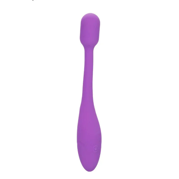 Flex-O-Teaser liquid silicone vibrator by Calexotics straight view on white background, purple bendable shaft with teaser tip, rechargeable base.