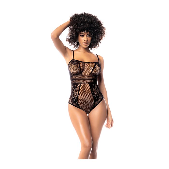 Smitten Floral Fishnet Bodysuit front on model