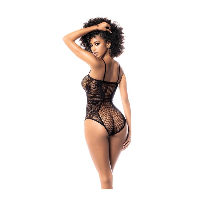 Smitten Floral Fishnet Bodysuit on the model showing the back of the lingerie