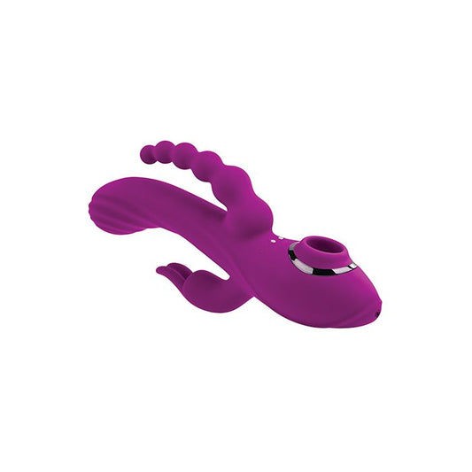 Close up view of the air suction for clitoral stimulation on the Fourgasm 4-motor vibrator in purple silicone