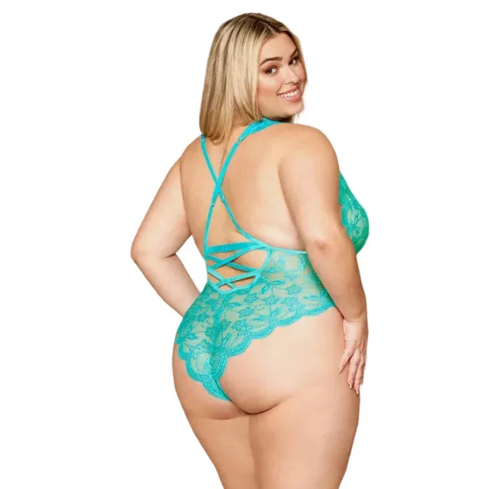 the back of a plus size woman wearing a turquoise lace lingerie called Ocean Blue set on a plain background