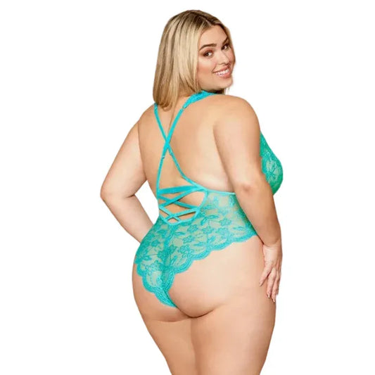 the back of a plus size woman wearing a turquoise lace lingerie called Ocean Blue set on a plain background