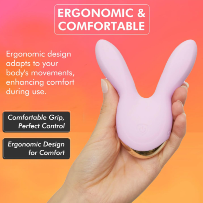Hear Me vibrator showing compact size and memory foam design on hand, comfortable grip and ergonomic design