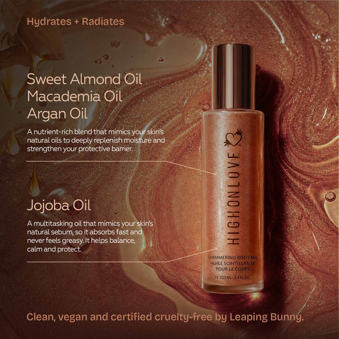 HighOnLove Shimmering Body Oil with sweet almond, macadamia, argan and jojoba oils for lightweight hydration