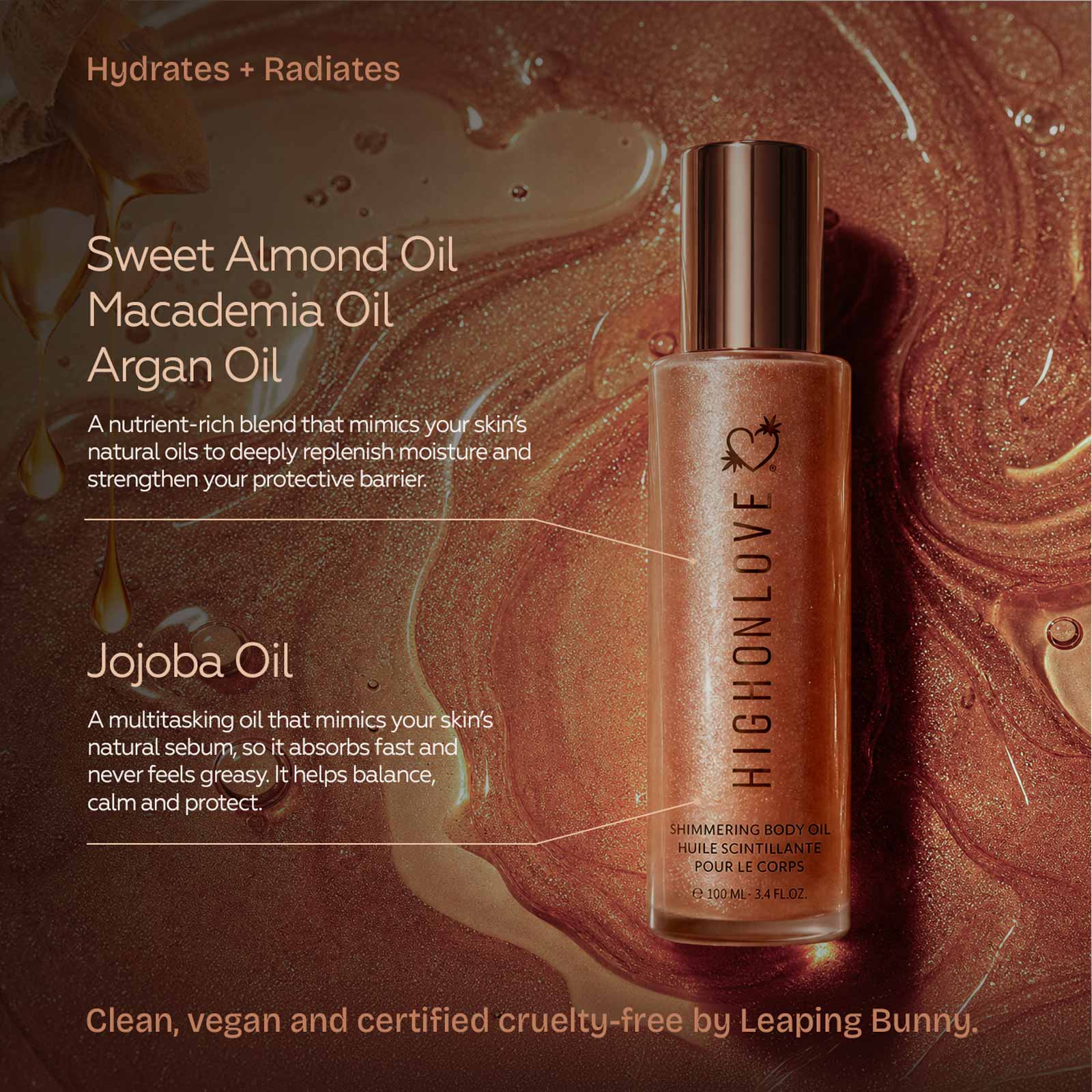 HighOnLove Shimmering Body Oil with sweet almond, macadamia, argan and jojoba oils for lightweight hydration