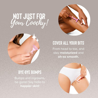 COOCHY Shave Cream lifestyle image showing women shaving legs, underarms, and bikini area for a smooth, moisturized shave with fewer razor bumps and ingrown hairs.