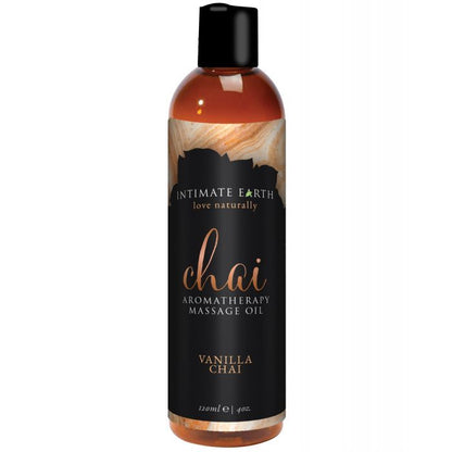 A bottle of Organic Aromatherapy Massage Oil in spicy Chai on white background