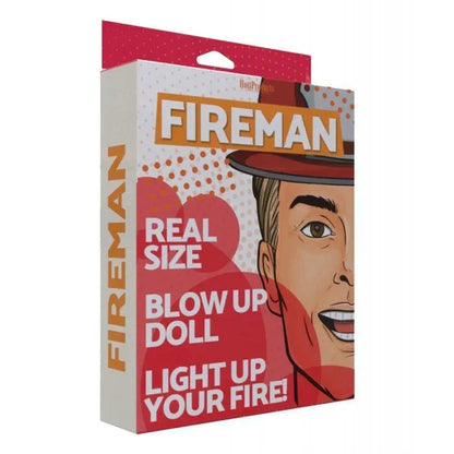 The product image shows the packaging of an inflatable fireman doll with a cartoon-style fireman character on the front. The box is primarily white and red with text and graphics that highlight the product's features, including a large 'hose' and a 'fire hole'.