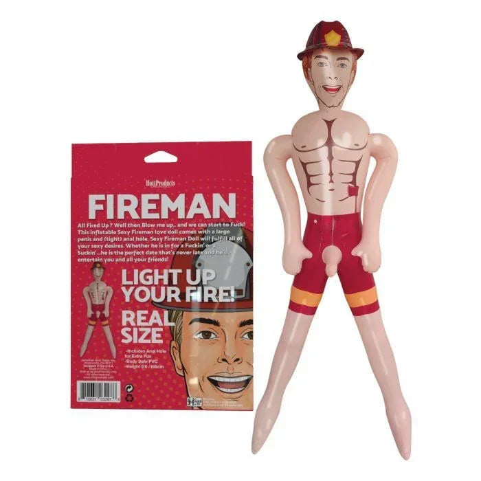 The product image shows the back of the packaging of an inflatable fireman doll with a cartoon-style fireman character on the front and an image of the actual blowup doll itself.