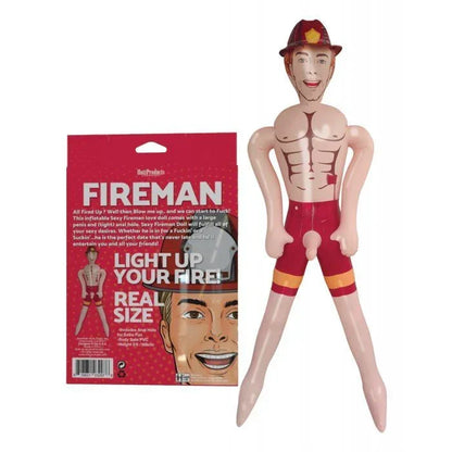 The product image shows the back of the packaging of an inflatable fireman doll with a cartoon-style fireman character on the front and an image of the actual blowup doll itself.
