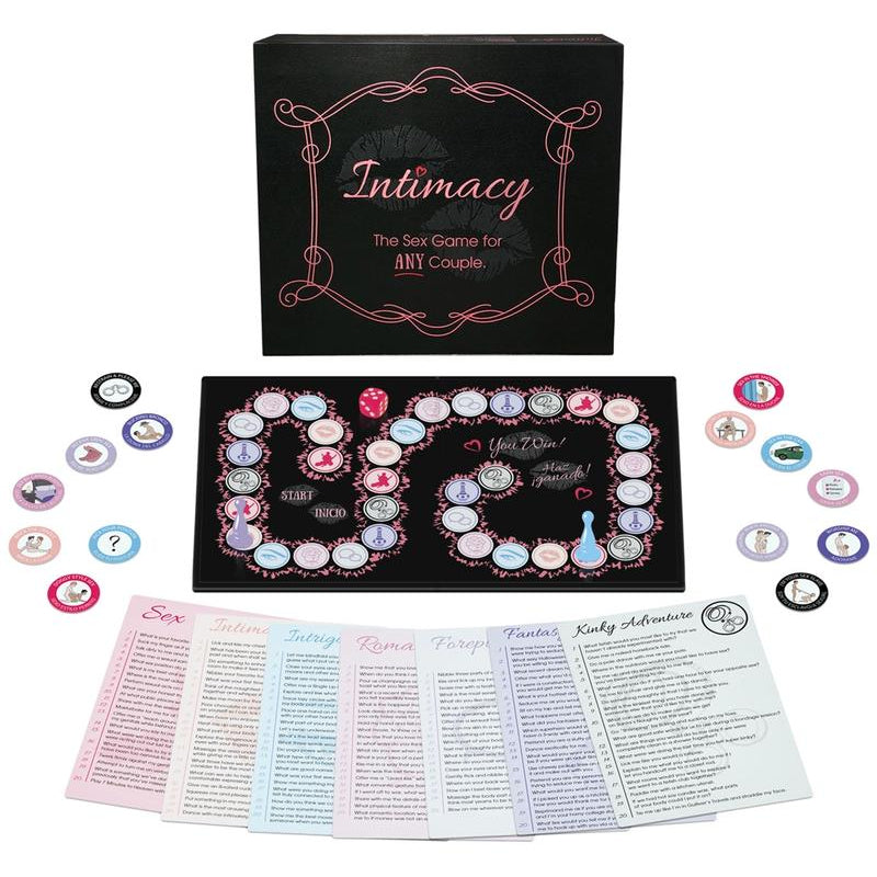 Intimacy Board Game for Couples with game board, challenge cards, playing pieces, and keepsake box