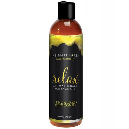 A bottle of Organic Aromatherapy Massage Oil in Relax scent on a white background