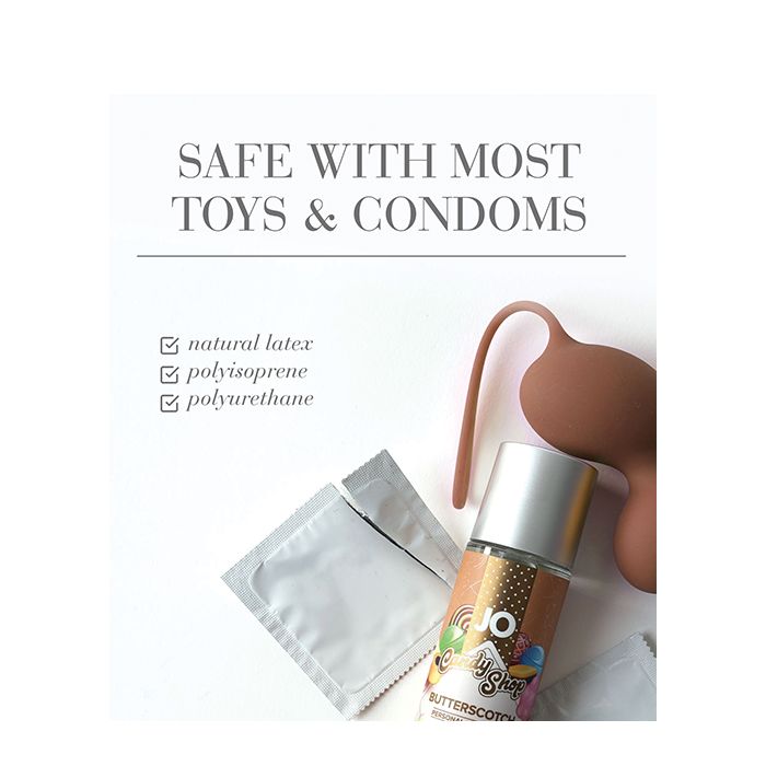 JO H2O Butterscotch lubricant safe with natural latex, polyisoprene, and polyurethane condoms and most intimate toys