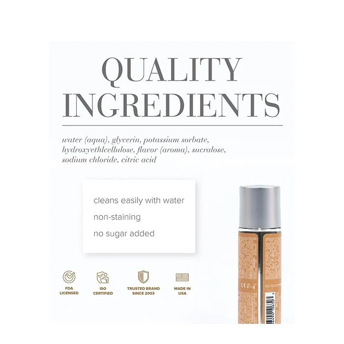 JO H2O Butterscotch lubricant quality ingredients - water, glycerin, hydroxyethylcellulose - cleans with water, non-staining, no sugar added, FDA licensed, made in USA