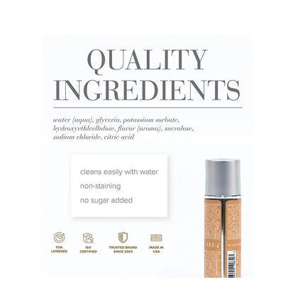 JO H2O Butterscotch lubricant quality ingredients - water, glycerin, hydroxyethylcellulose - cleans with water, non-staining, no sugar added, FDA licensed, made in USA