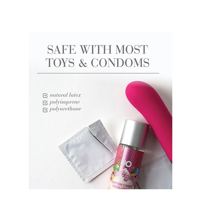 JO H2O Cotton Candy lubricant safe with natural latex, polyisoprene, and polyurethane condoms and most intimate toys