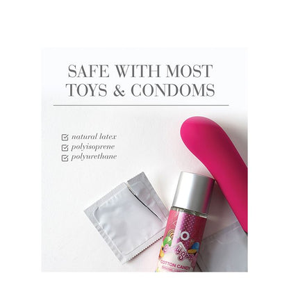 JO H2O Cotton Candy lubricant safe with natural latex, polyisoprene, and polyurethane condoms and most intimate toys