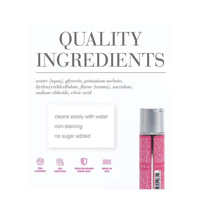 JO H2O Cotton Candy lubricant quality ingredients - water, glycerin, hydroxyethylcellulose - FDA licensed, ISO certified, made in USA