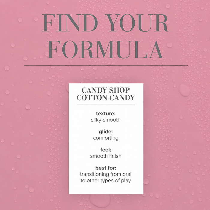 JO H2O Candy Shop Cotton Candy lubricant formula card showing silky-smooth texture, comforting glide, and smooth finish