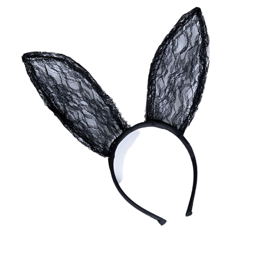 Front view of lace bunny ears headband showing delicate lace fabric and flexible band
